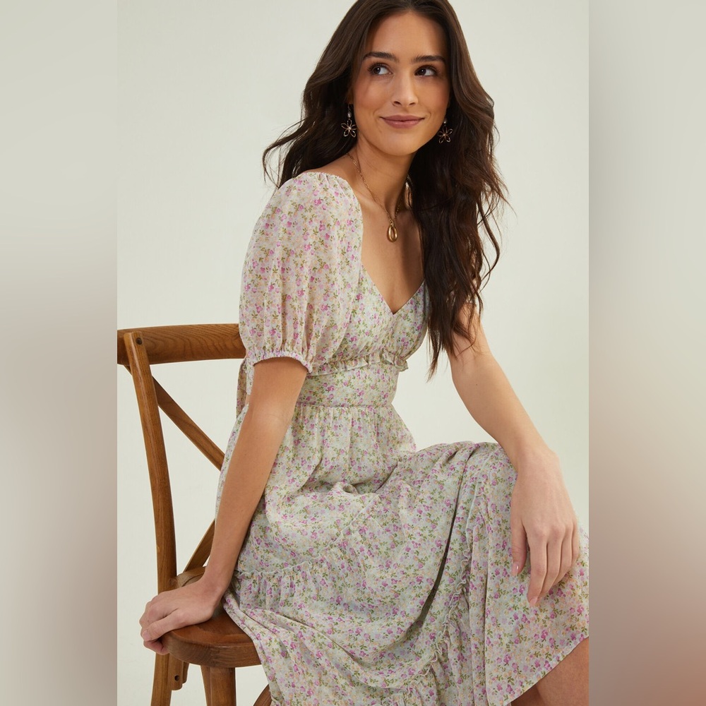 Sage Floral Puff Sleeve Midi Dress